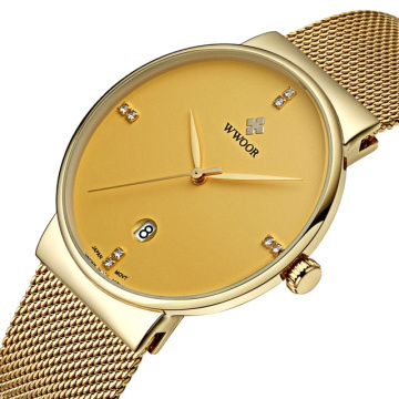 WWOOR 8018 Hot Sale Mens Quartz Wristwatches Ultra Thin Gold Business Wristwatches Stainless Steel Mesh Relogio Masculino